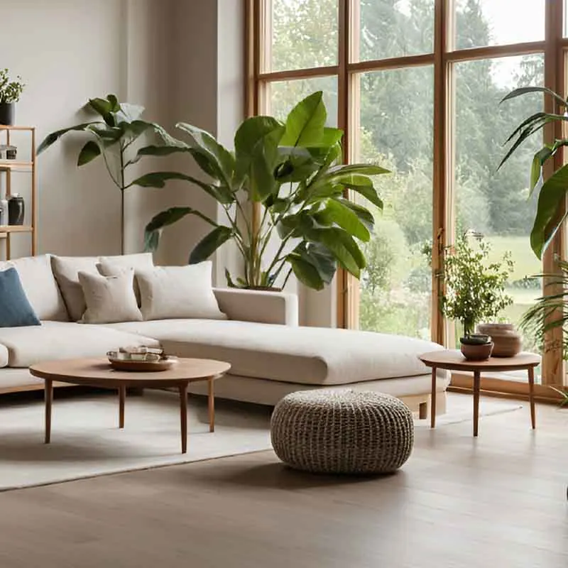 Lichte woonkamer met grote houten ramen en planten
