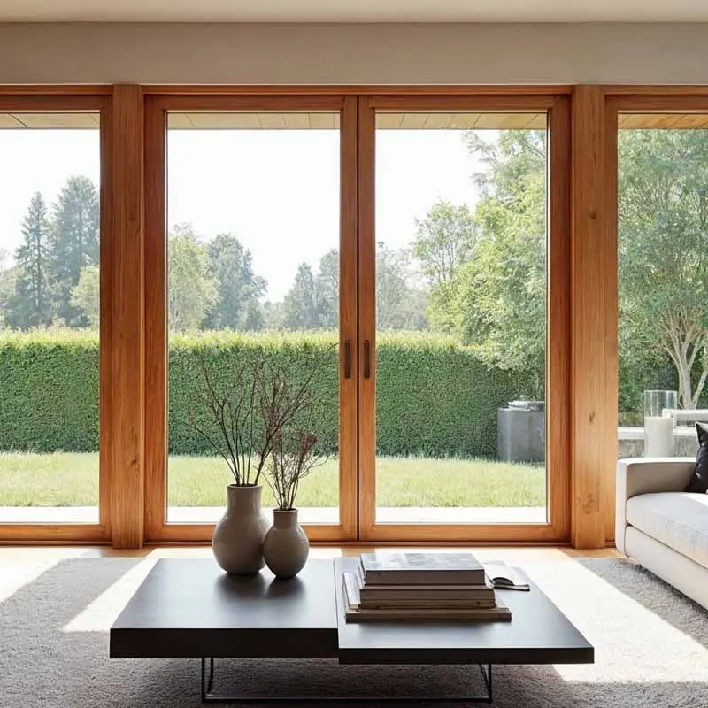 Woonkamer met een houten schuifpui naar de tuin