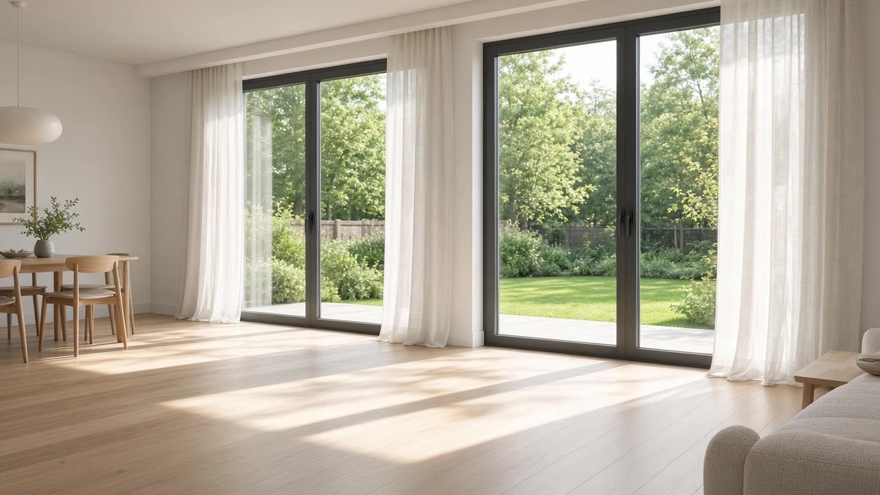 Sfeerbeeld (AI-gegenereerd): lichte woonkamer met grote glazen schuifpuien naar de tuin, zonder mensen